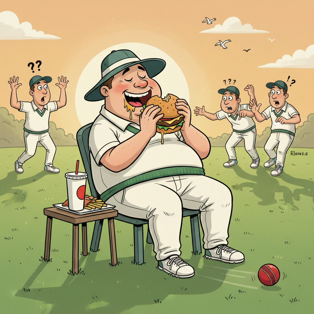 An overweight cricket fielder sitting on a chair in the middle of the field eating a burger while the ball rolls past him, funny illustration.