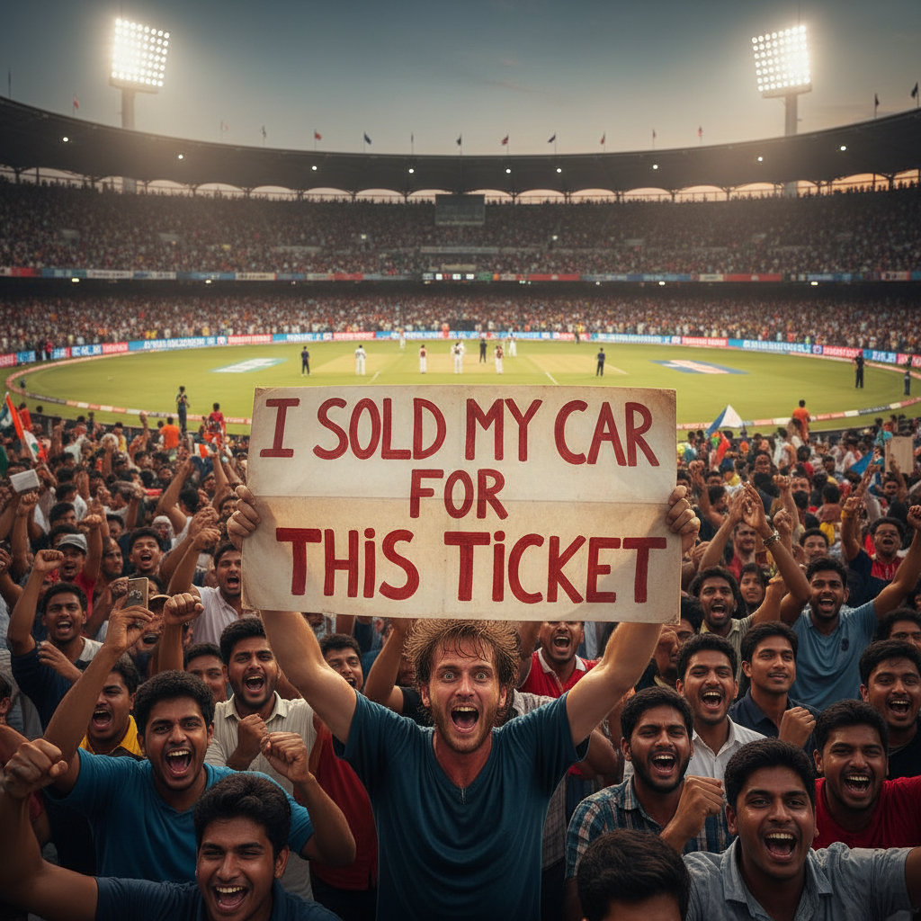 Crowd of cricket fans in a stadium, one fan holding a giant sign that says 'I sold my car for this ticket', expressive faces, cinematic lighting.