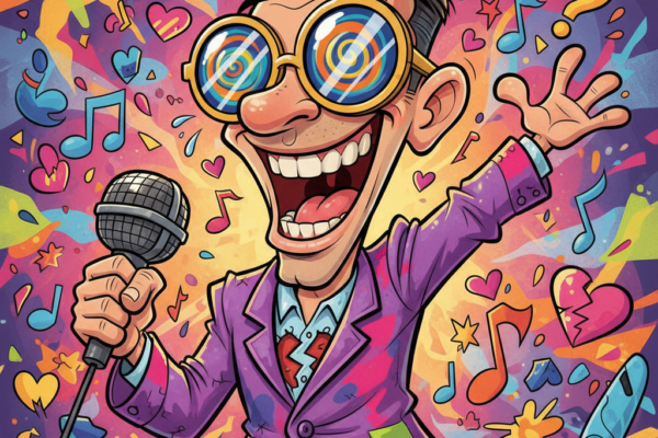 A colorful caricature of a broken-hearted man wear