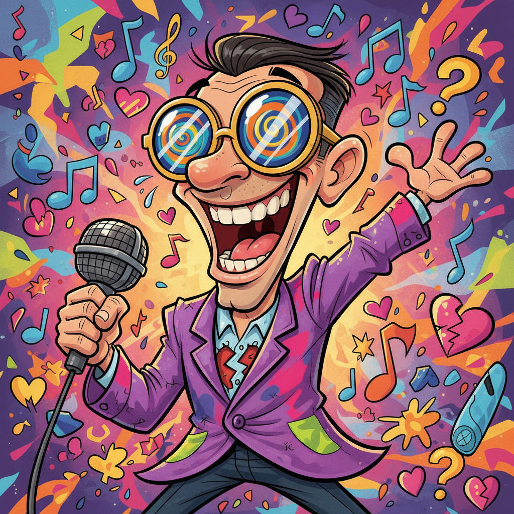 A colorful caricature of a broken-hearted man wear