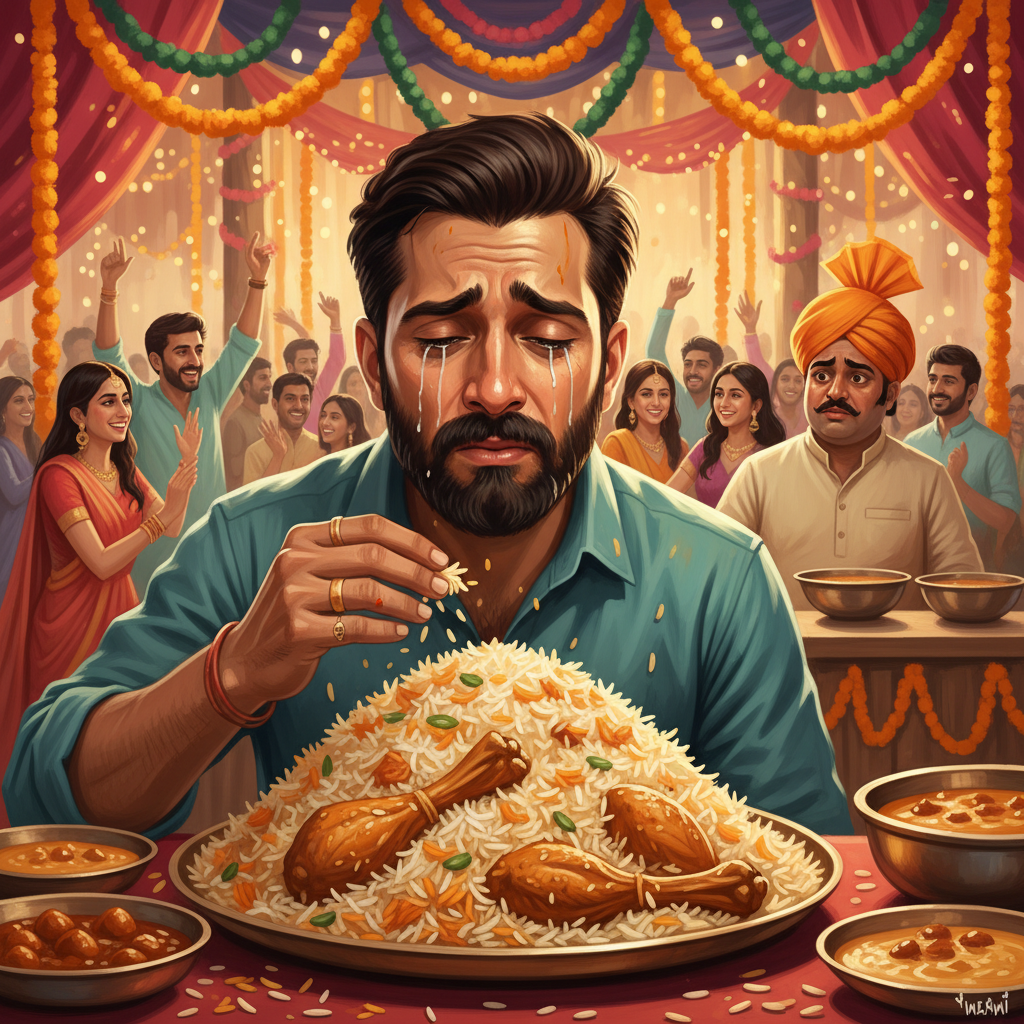 A lonely guy sitting at a desi wedding food stall, crying while eating a huge plate of biryani, funny expression, cinematic lighting, realistic digital art.