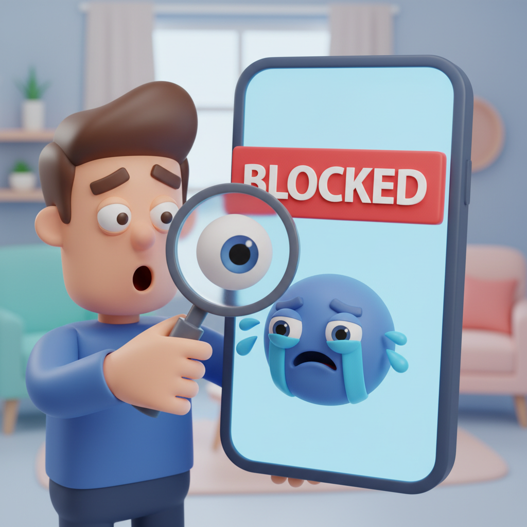 A smartphone screen showing a 'Blocked' notification with a funny crying emoji, a person looking at it with a magnifying glass in a humorous way, 3D render style.