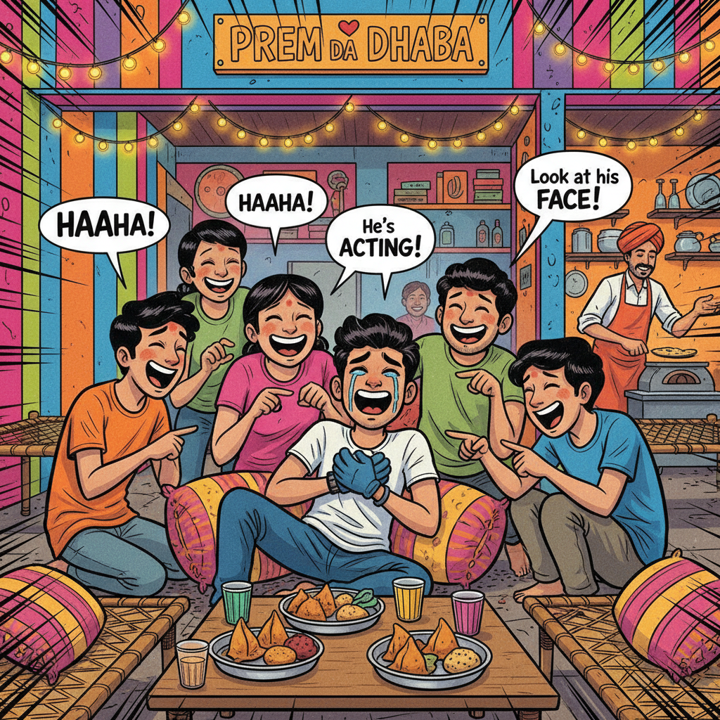 A group of friends sitting in a colorful dhaba, laughing hysterically at a friend who is dramatically holding his heart, vibrant atmosphere, comic book style.