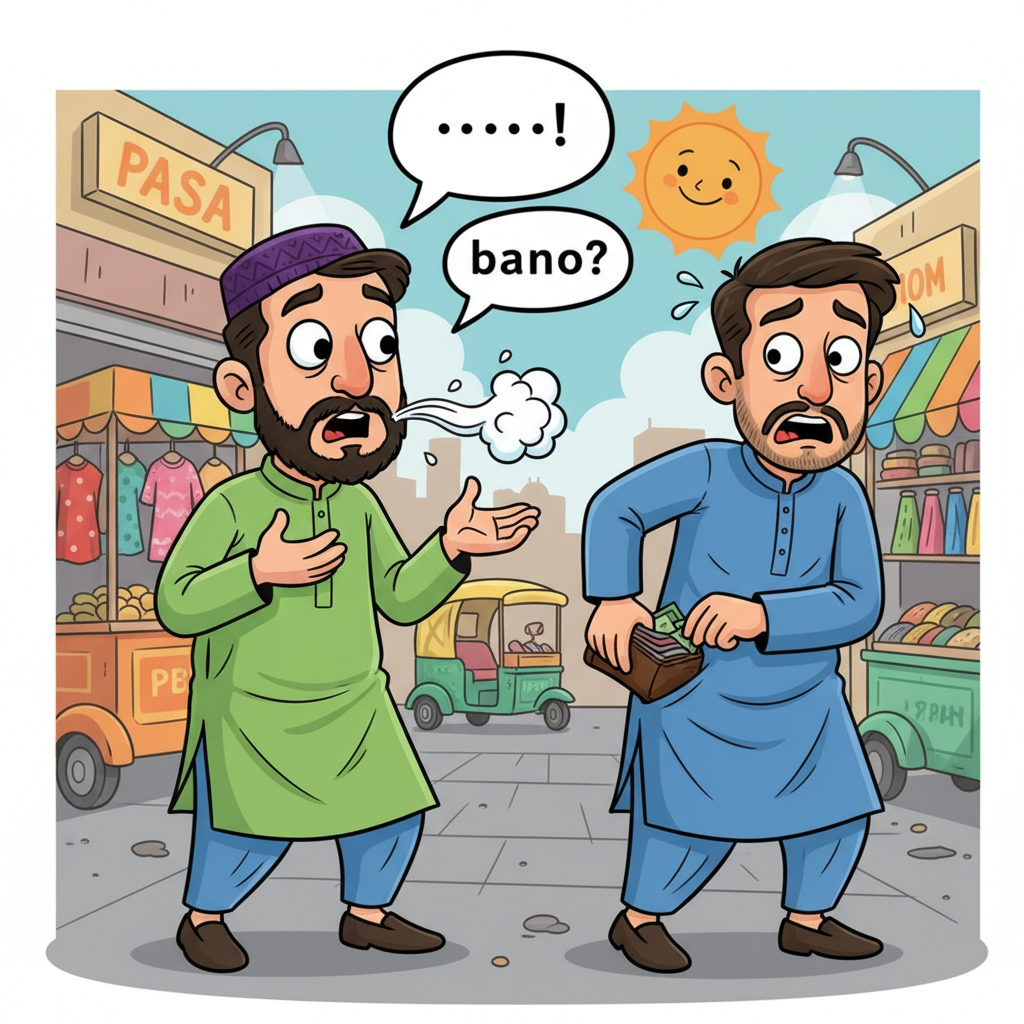 A funny digital illustration of two male friends in Pakistan, one is frantically talking while the other is trying to hide his wallet, comical expressions, cartoon style with bright saturated colors.