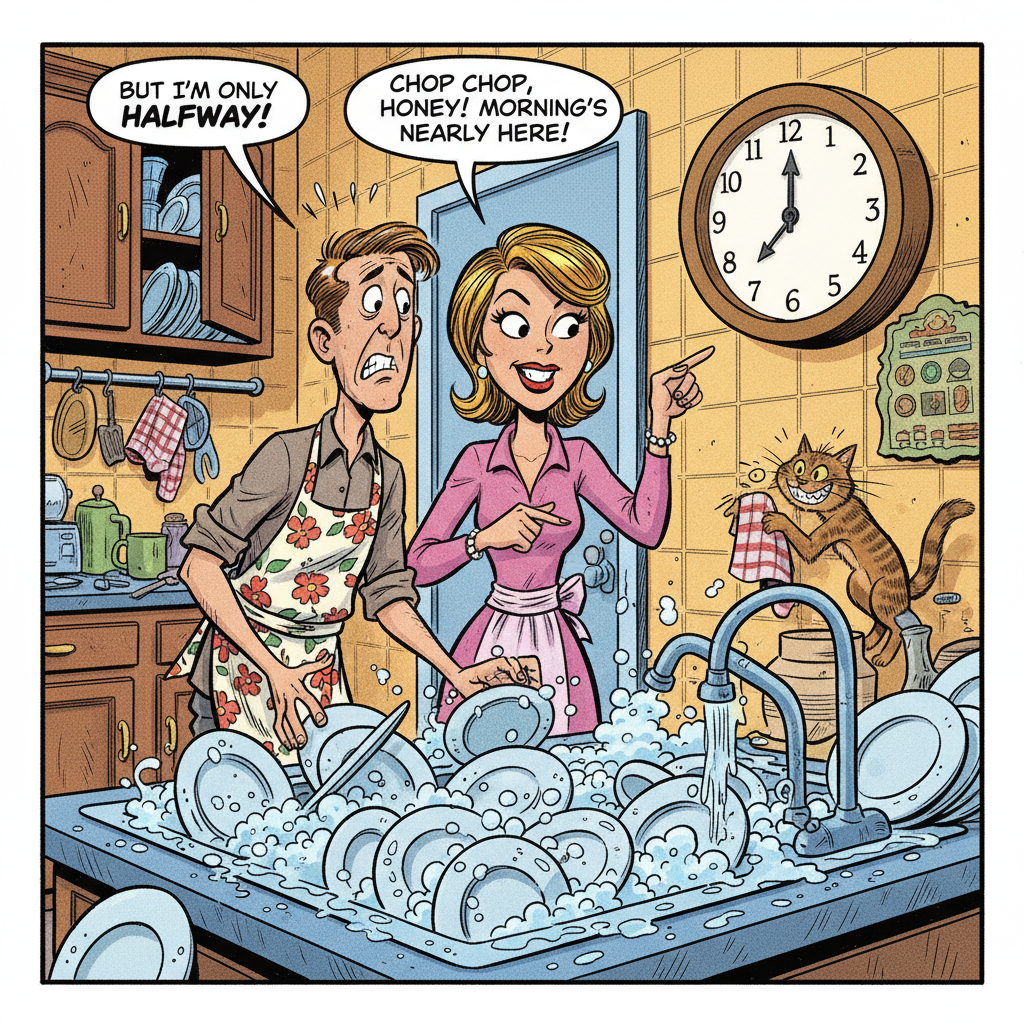 A humorous scene of a husband wearing an apron and washing a large pile of dishes while his wife points at the clock, exaggerated facial expressions, comic book art style, domestic kitchen setting.