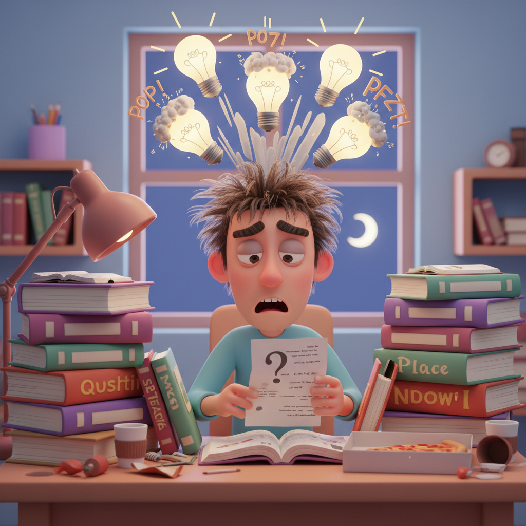 A tired student sitting at a desk overflowing with books, a question paper in hand with a confused face, little animated lightbulbs exploding over his head, whimsical and funny 3D render style.