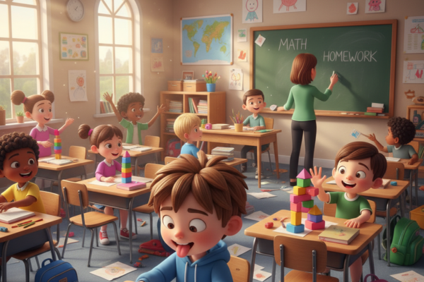 A vibrant 3D illustration of a noisy classroom wit
