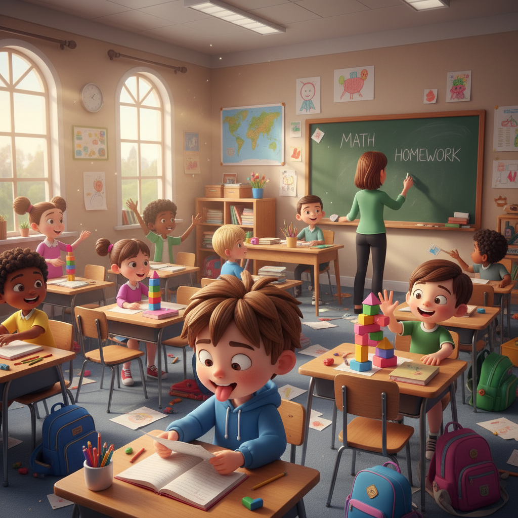 A vibrant 3D illustration of a noisy classroom wit