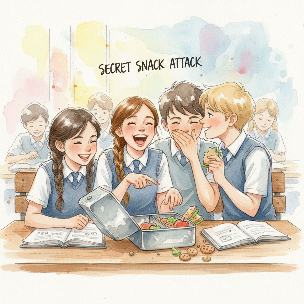 A group of four naughty school friends sitting on the back bench, laughing and sharing a lunchbox secretly, artistic watercolor style, soft colors.
