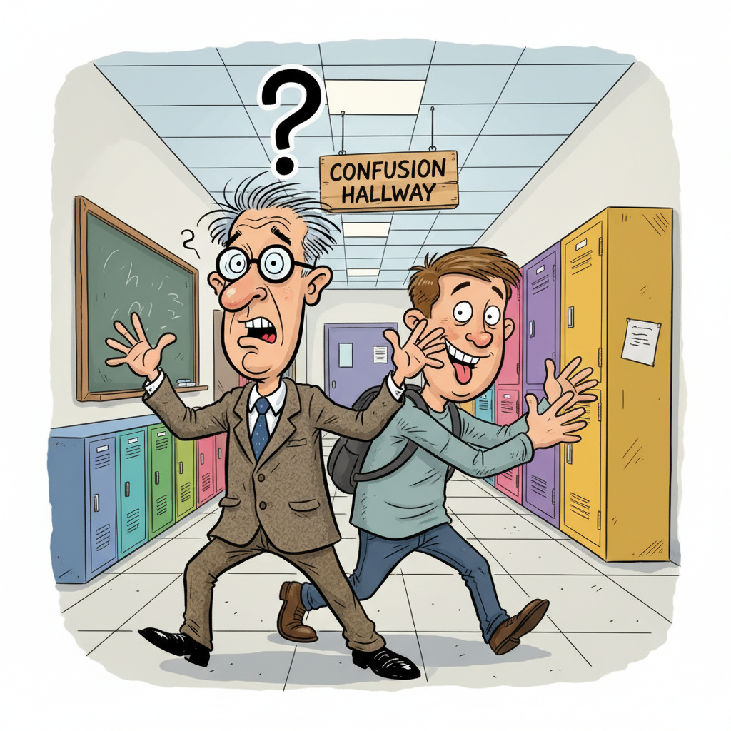A funny caricature of a teacher looking confused while a student behind him mimics his walking style, expressive faces, cartoonish background.
