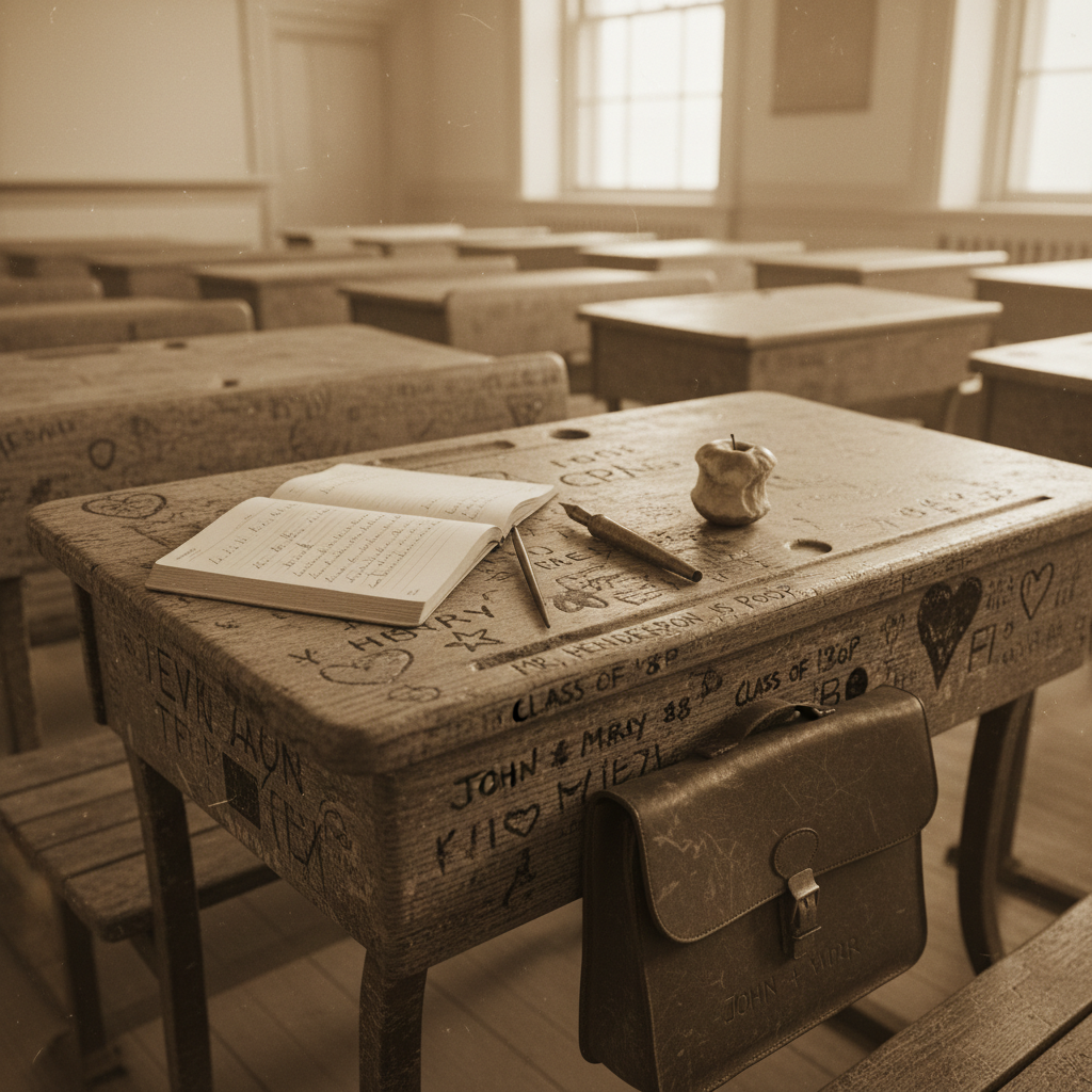 A nostalgic sepia-toned image of an old school desk with hand-carved names and doodles, representing childhood memories and school life.