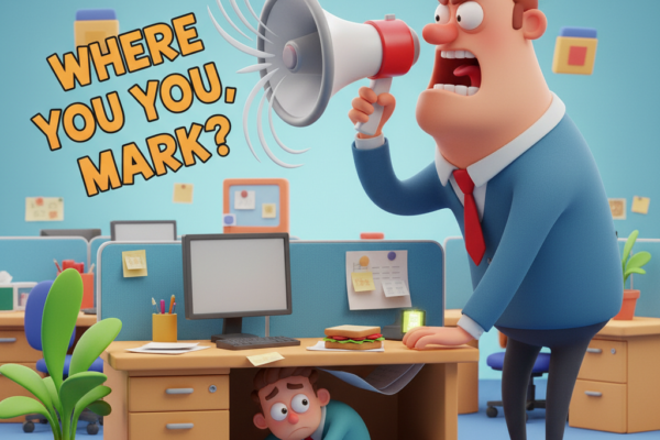 A humorous 3D illustration of an office employee h