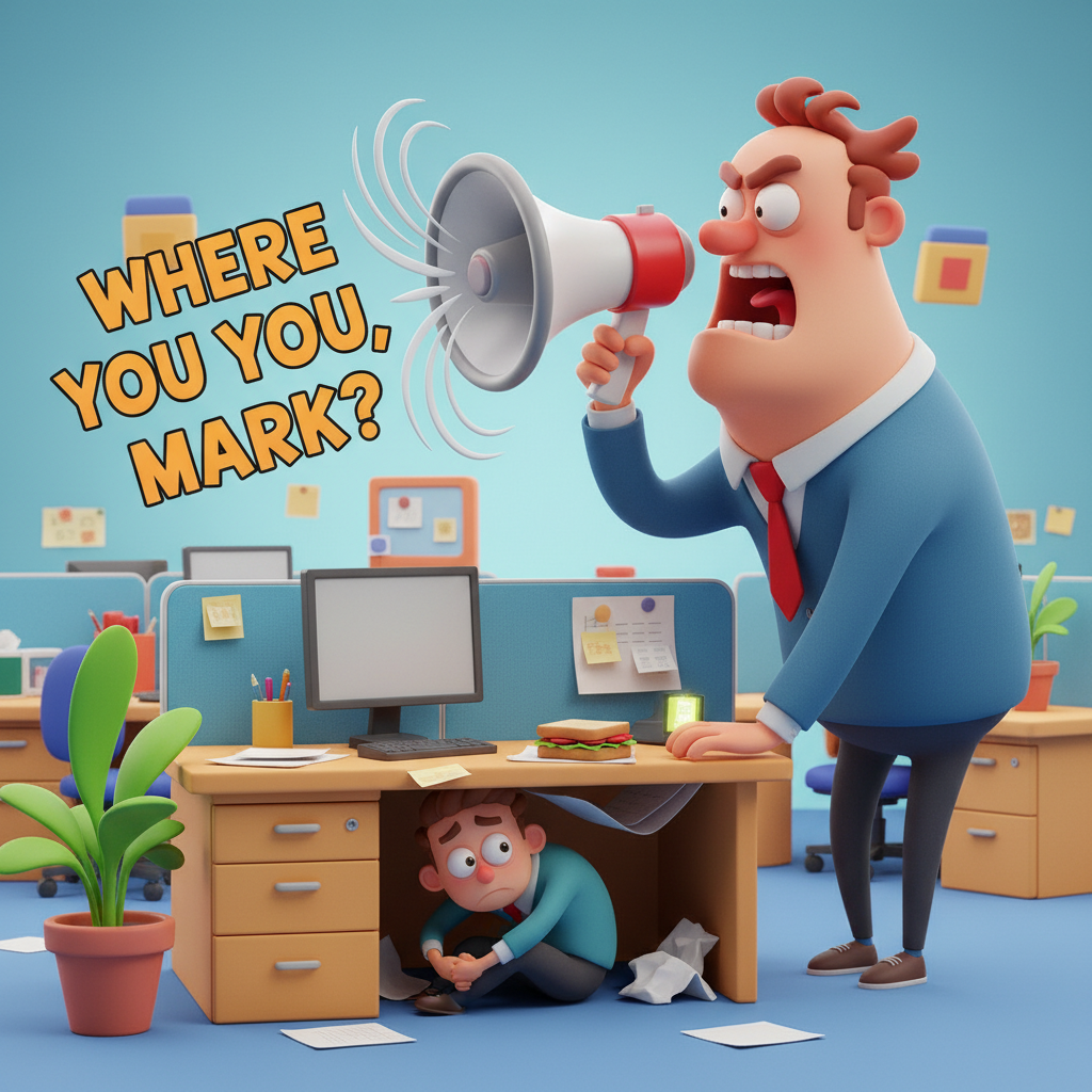 A humorous 3D illustration of an office employee h