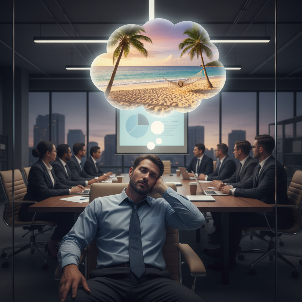 A tired employee sitting in a long office meeting with a thought bubble showing a beach vacation, cinematic lighting, realistic office background.