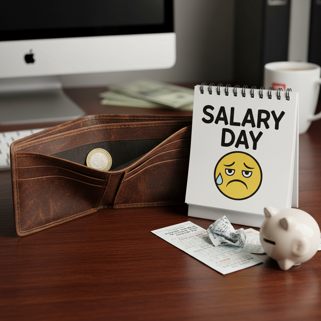 An empty leather wallet on an office desk with a single coin and a funny calendar showing 'Salary Day' with a sad face, macro photography.