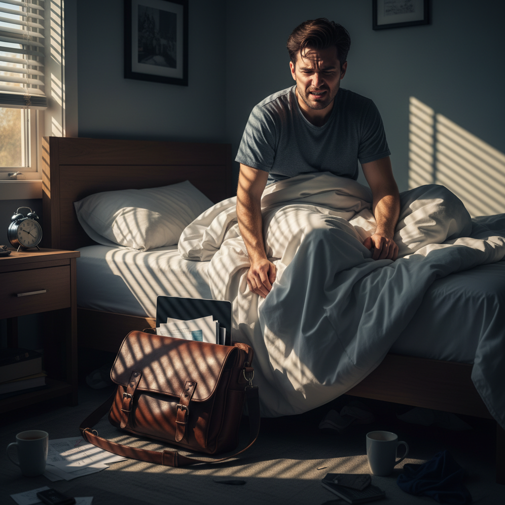 A person struggling to get out of bed on a Monday morning with an office bag nearby, dramatic shadows, expressive character.