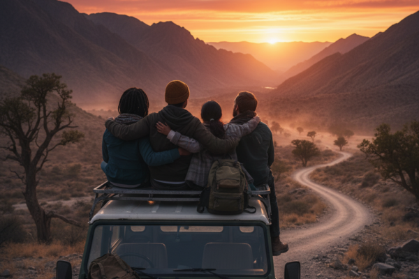 A high-quality cinematic wide shot of four diverse