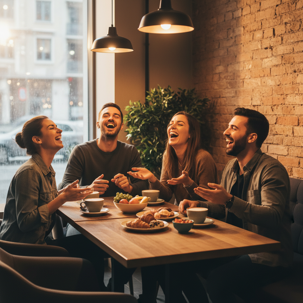 A group of friends laughing together at a modern cafe table with coffee and snacks, warm indoor lighting, capturing genuine joy and connection, realistic style.