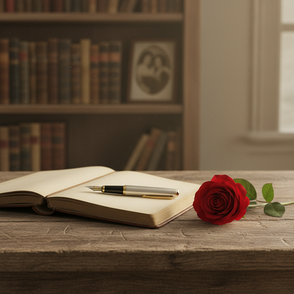 A rustic wooden table with a vintage notebook, a fountain pen, and a single red rose, soft lighting, symbolizing poetic expression and nostalgia for friendship.