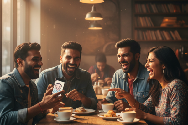 A group of four Indian/Pakistani friends laughing