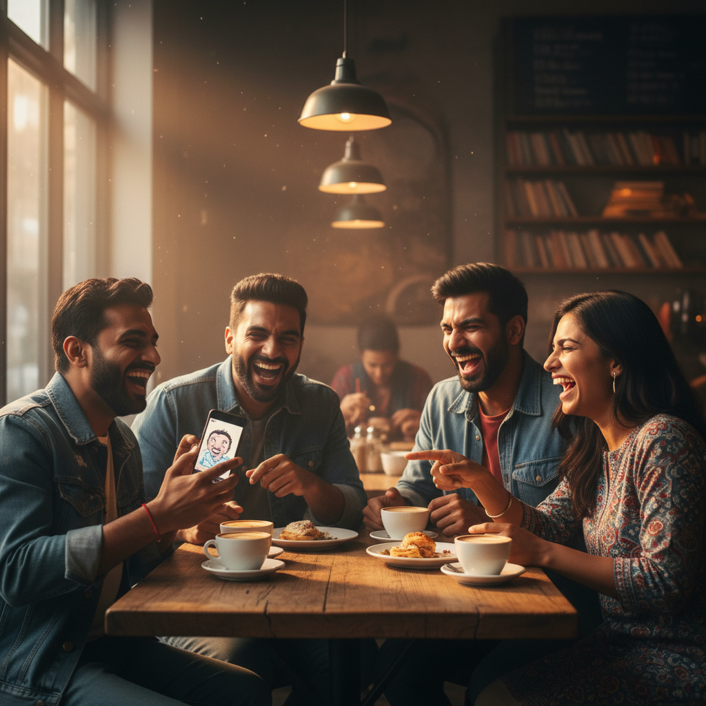 A group of four Indian/Pakistani friends laughing