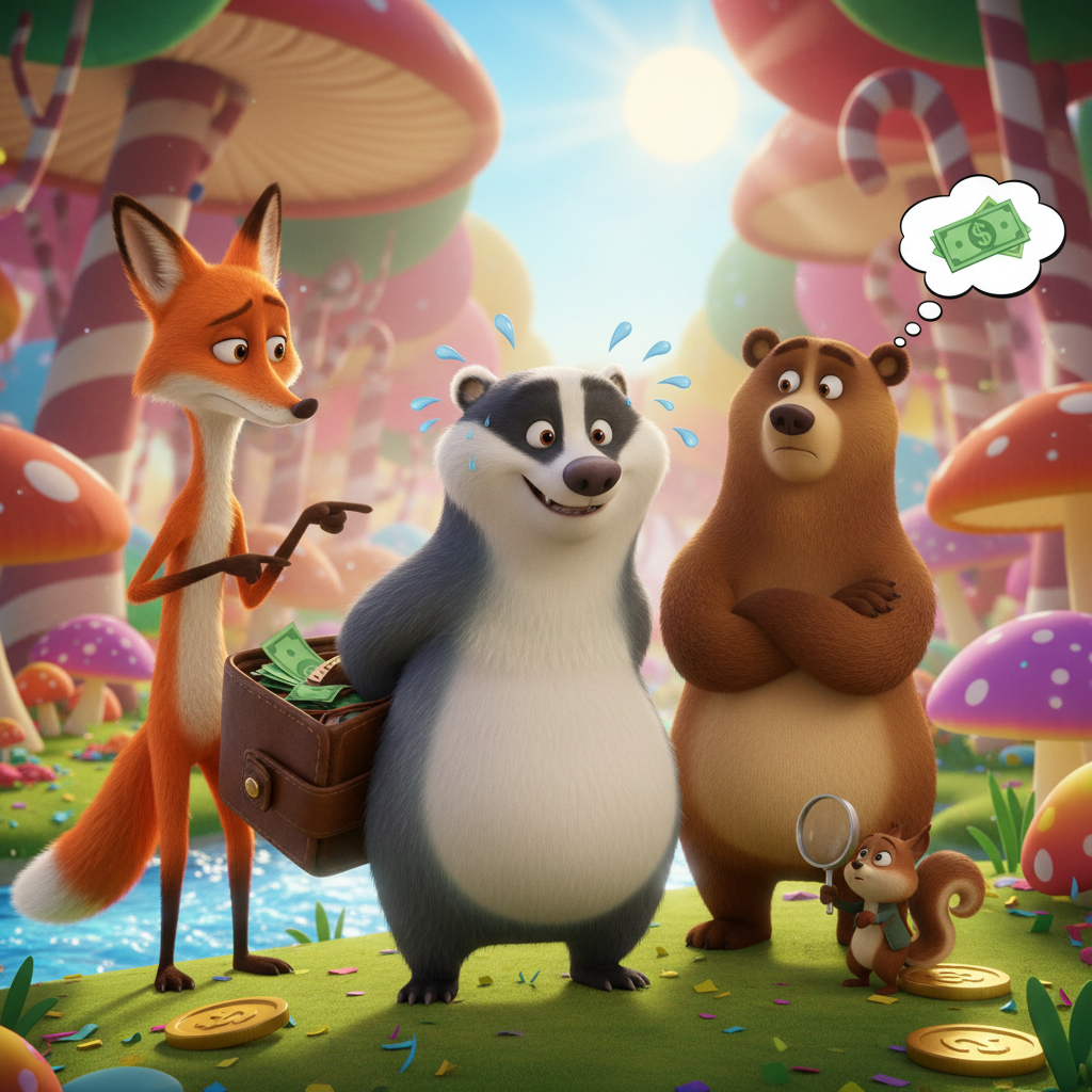 A humorous 3D cartoon character hiding a big wallet behind his back while his friends look at him suspiciously, bright and colorful background.