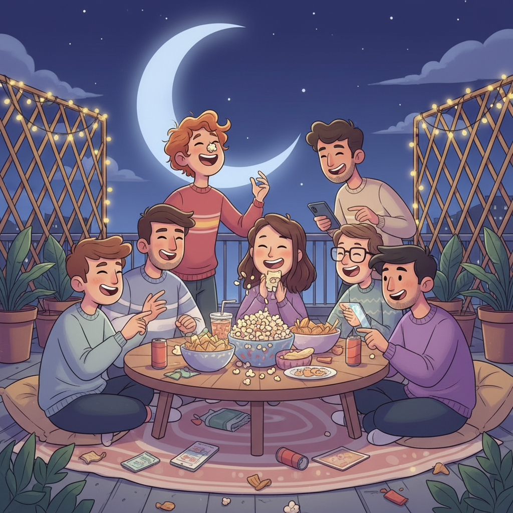 A funny illustration of a group of friends hanging out on a terrace at night, sharing snacks and laughing, aesthetic vibe, high quality digital art.
