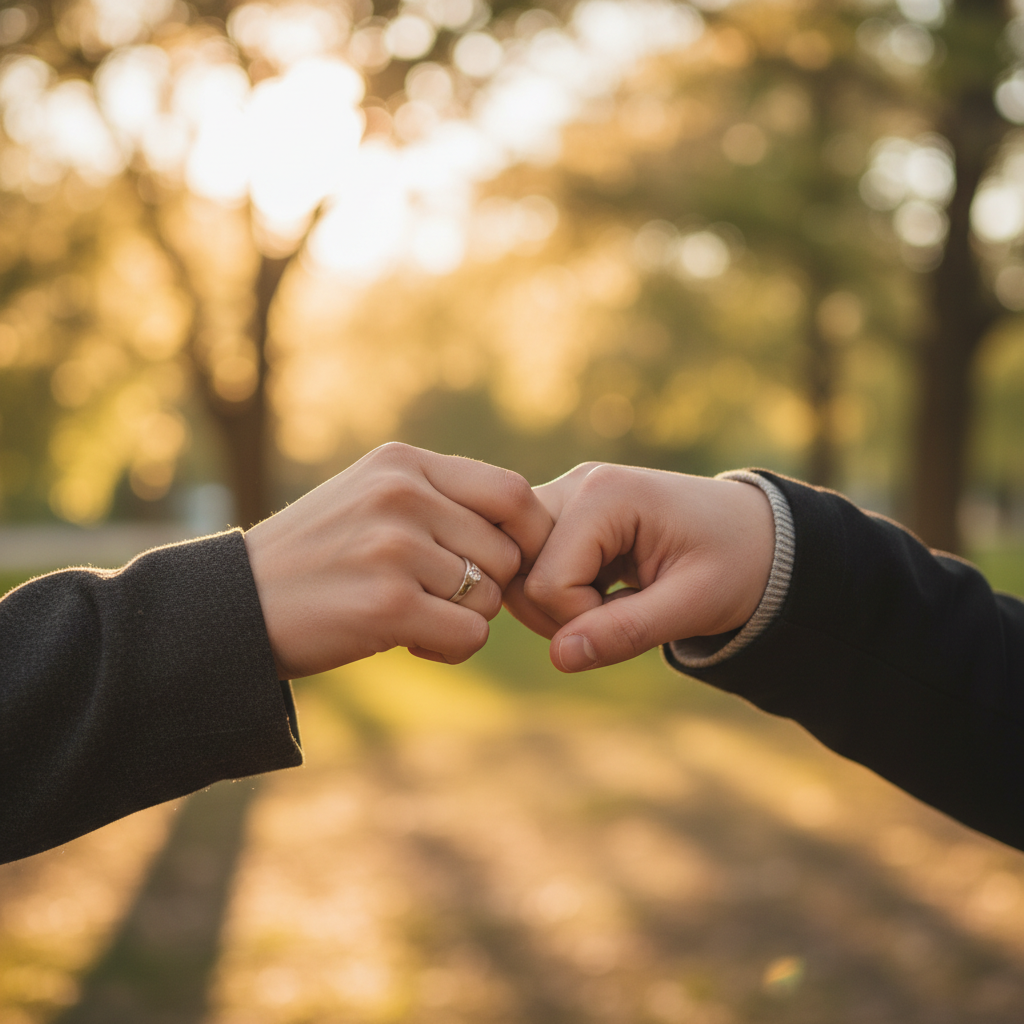 Close-up of two friends performing a pinky swear promise, soft bokeh background, warm sunlight filtering through trees, emotional and symbolic of friendship.