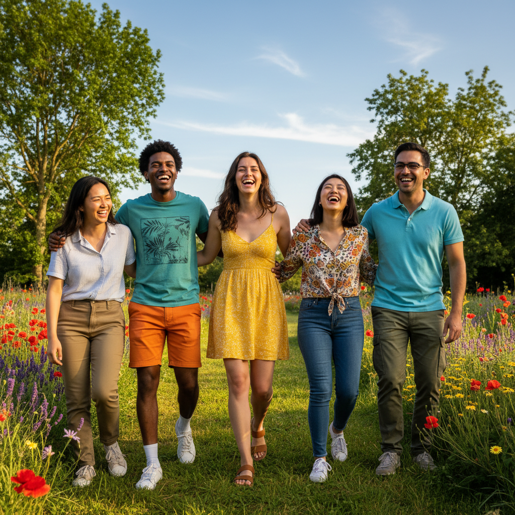 A group of diverse friends laughing and walking together in a park, candid and authentic expressions of joy, bright and vibrant colors.