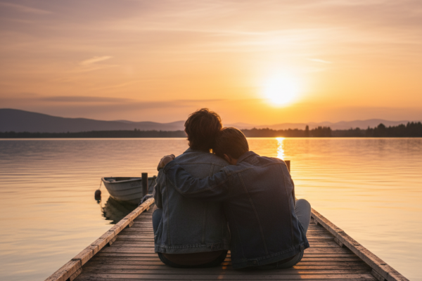 A cinematic and emotional shot of two male friends
