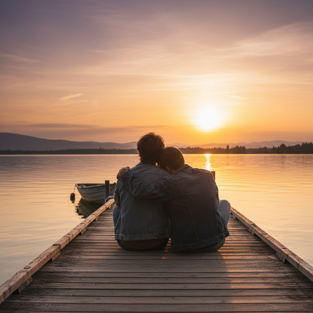 A cinematic and emotional shot of two male friends