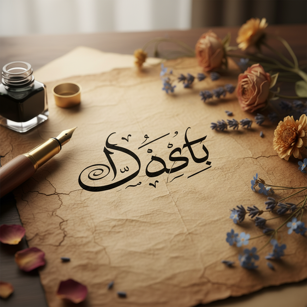 Vintage parchment paper with elegant Urdu calligraphy of the word 'Dosti', surrounded by a fountain pen and dried flowers, aesthetic and cultural vibes, soft lighting.
