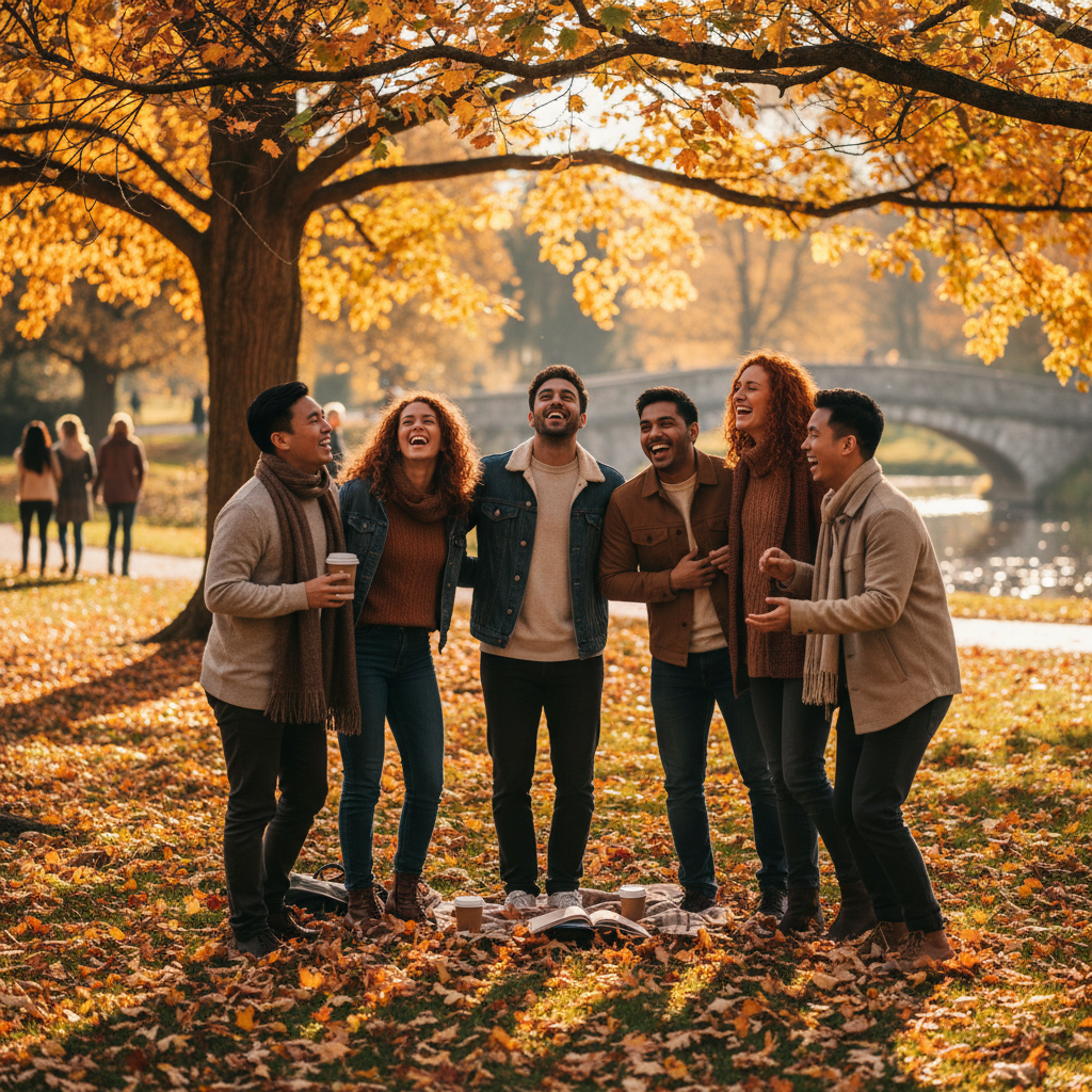 A group of diverse friends laughing and talking together in a vibrant autumn park, candid moment, warm colors, high quality photography.