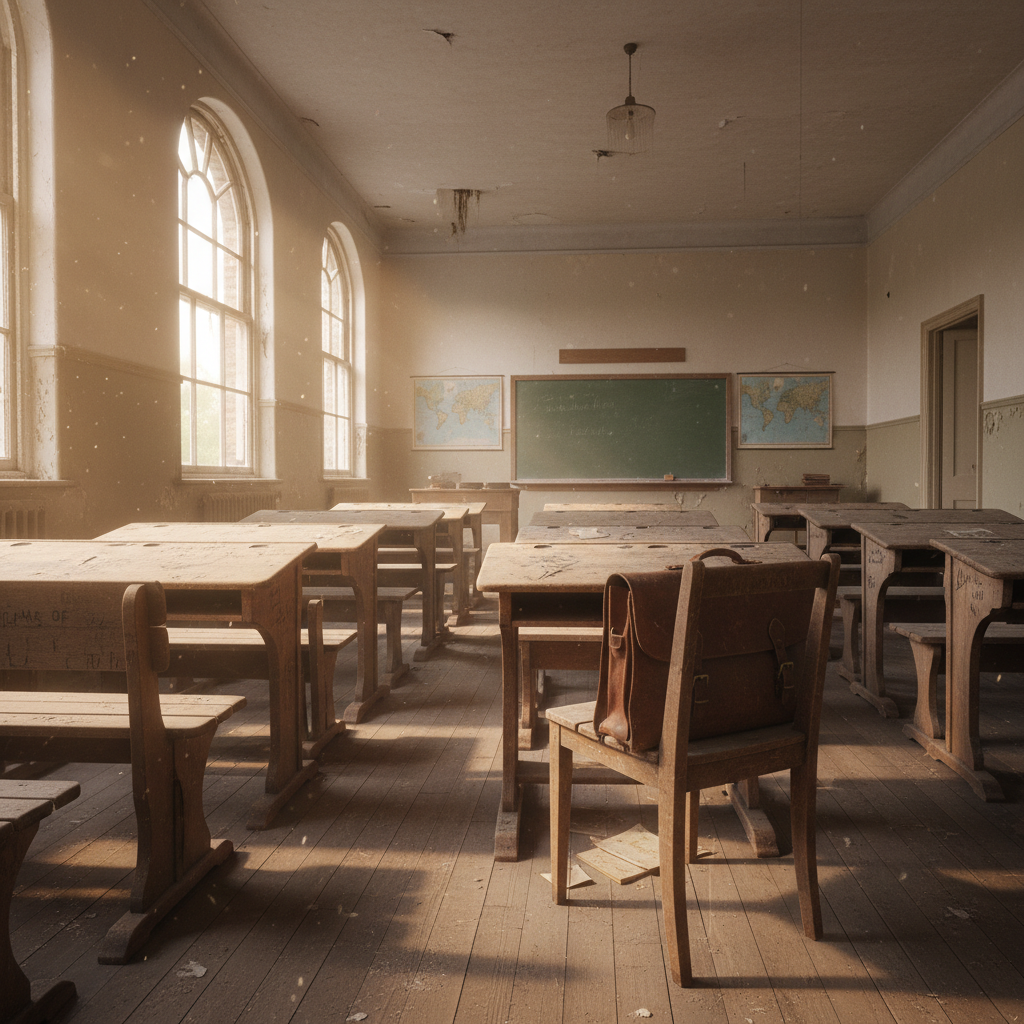 An empty old school classroom with sunlight streaming through large windows onto wooden desks with carved names, a single vintage school bag left on a chair, high resolution.