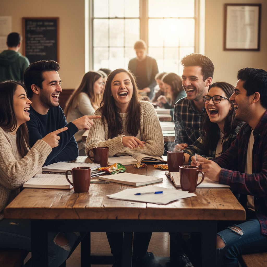 A vibrant group of college students laughing around a wooden table in a busy campus canteen, steaming cups of tea and books scattered around, candid and joyful vibe.