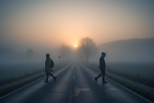 A cinematic wide shot of two friends walking away