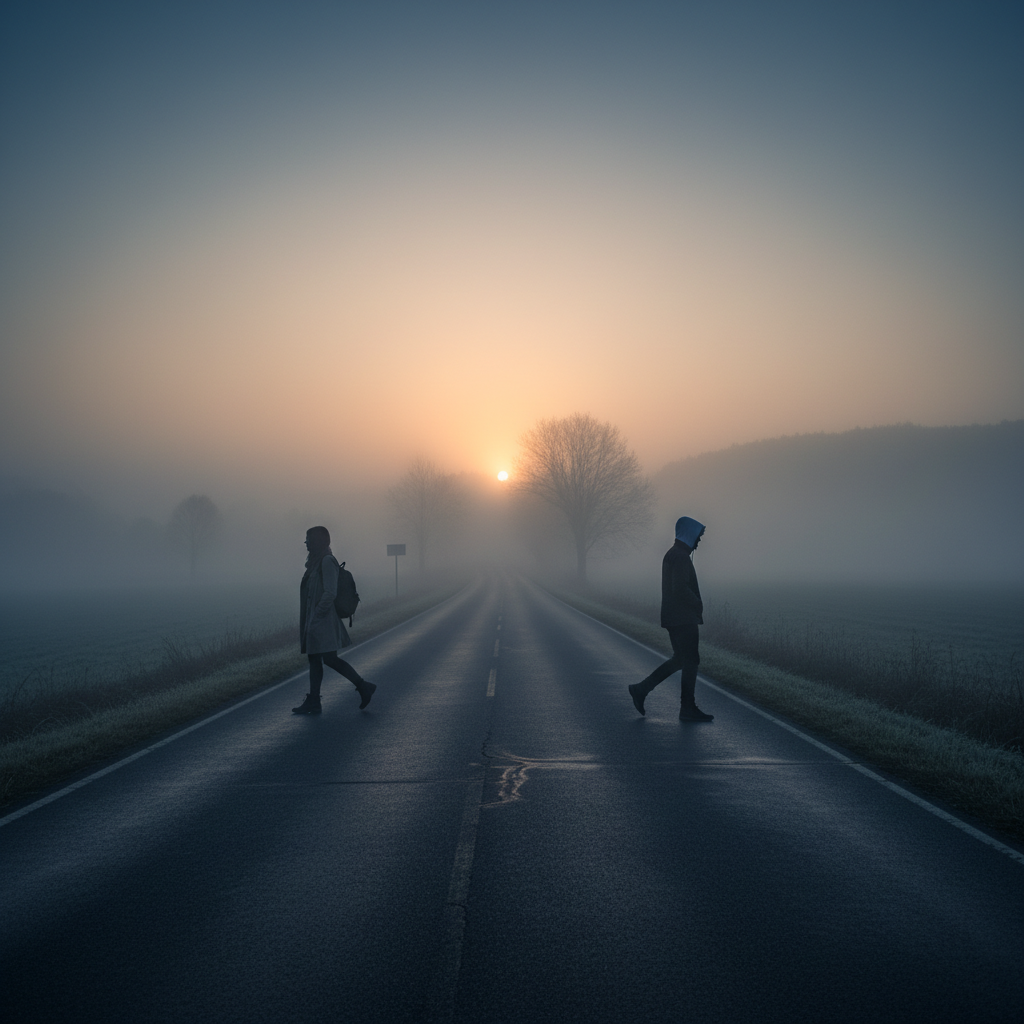 A cinematic wide shot of two friends walking away