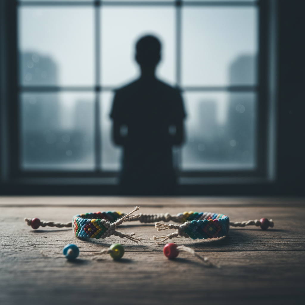 A close-up of a broken friendship bracelet lying on a wooden table with a blurred background of a lonely person looking out a window, soft natural lighting.