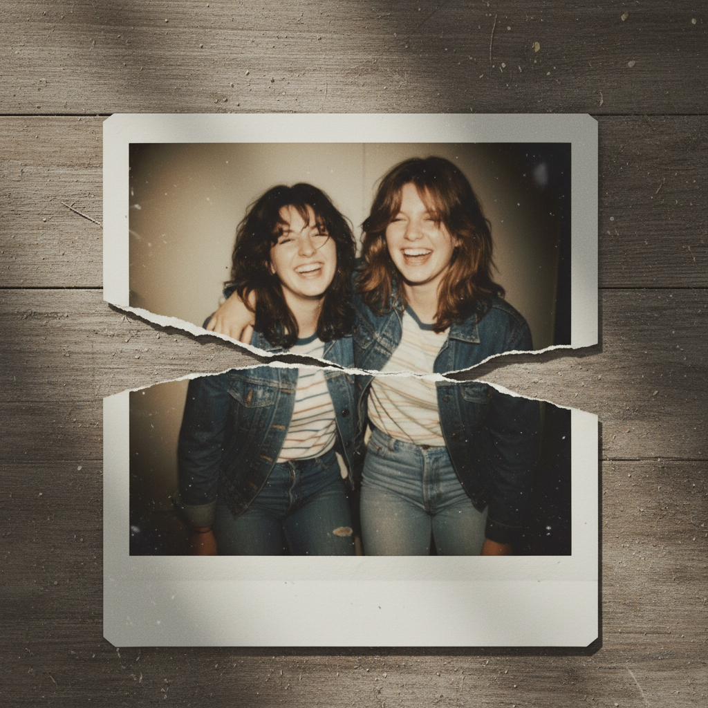 A nostalgic polaroid photo of two friends laughing, but the photo is torn in half and lying on a dusty floor, vintage aesthetic, emotional lighting.
