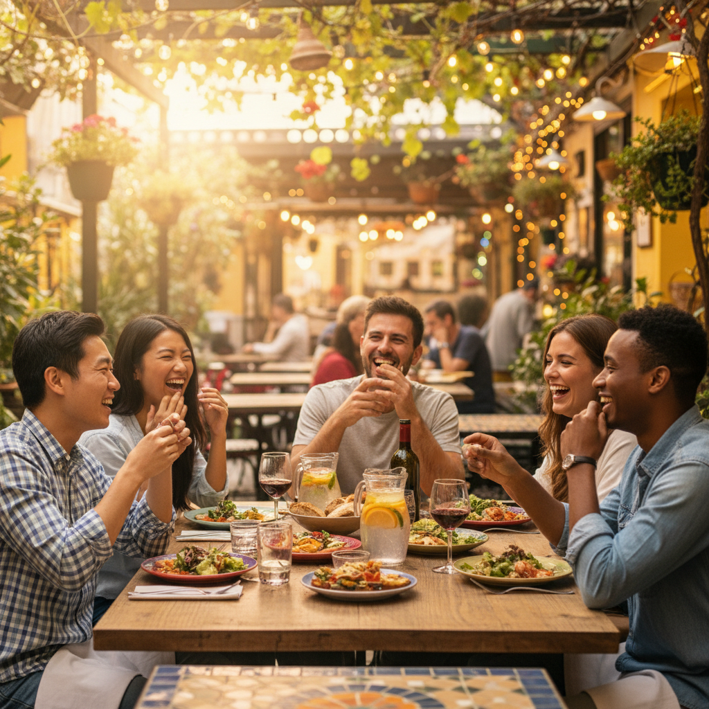 A candid high-quality photo of a group of diverse friends laughing and sharing a meal at a vibrant outdoor cafe, warm sunlight, bokeh background, symbolizing joy and togetherness.