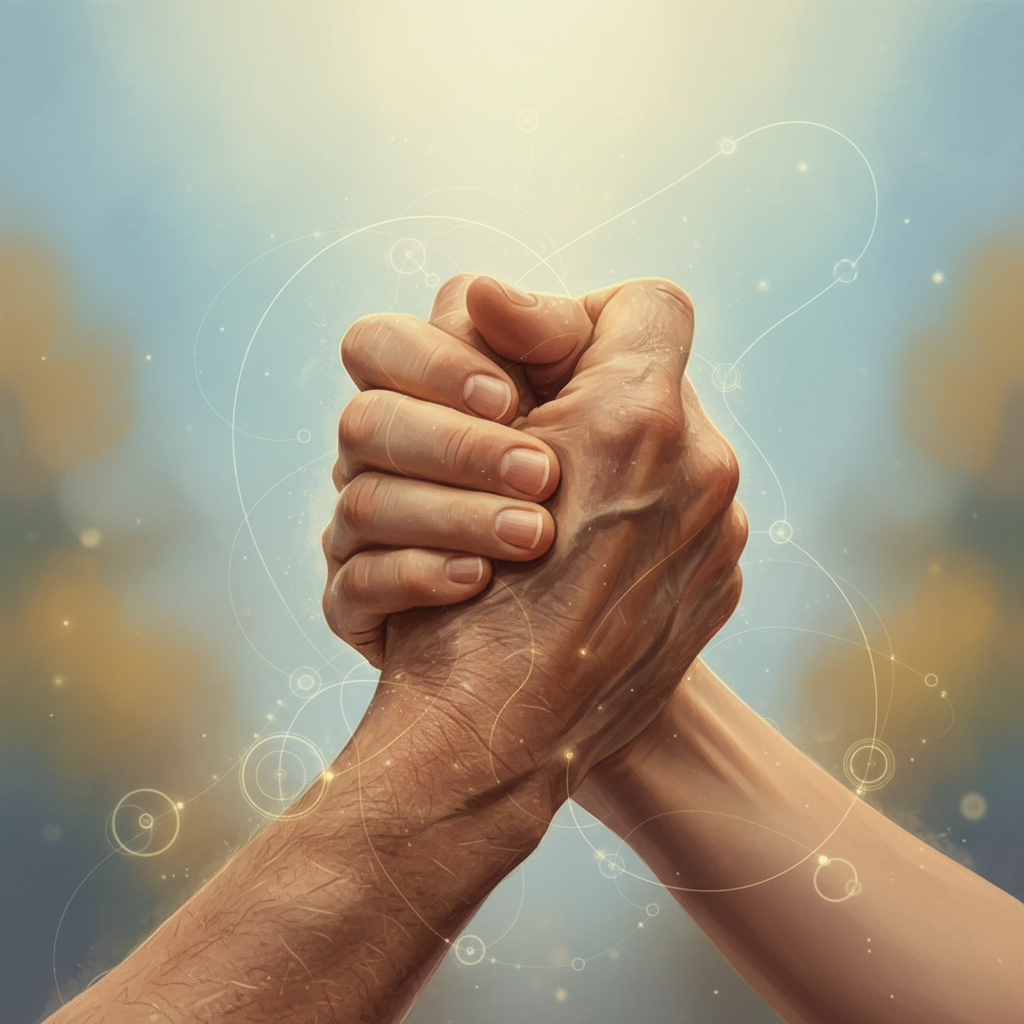 A conceptual artistic image of two hands firmly shaking or holding each other against a soft blurred background, symbolizing trust, loyalty, and a strong bond of friendship.