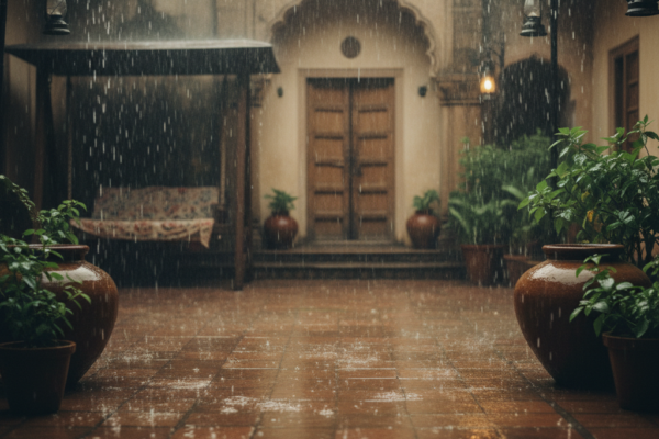 A nostalgic cinematic aesthetic scene of heavy rai