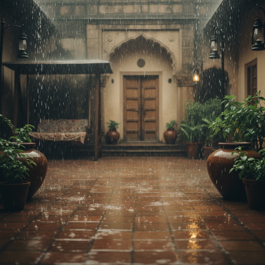 A nostalgic cinematic aesthetic scene of heavy rai