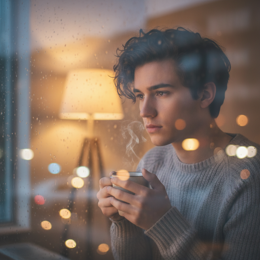 A melancholic young person looking out of a rain-streaked window, soft indoor lighting, holding a steaming cup of tea, bokeh background.