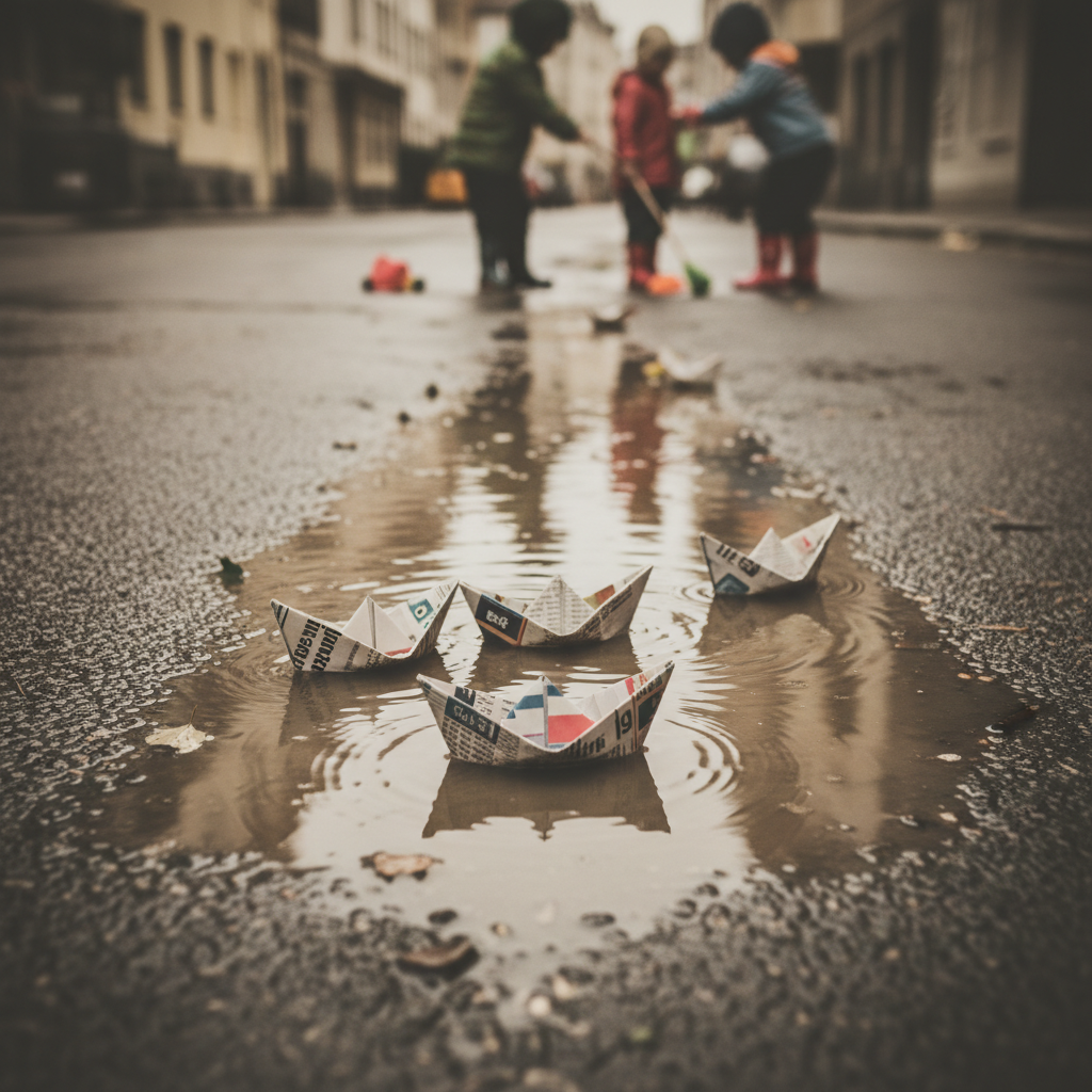 Close-up shot of small paper boats floating in a muddy rain puddle on a street, blurred children playing in the background, vintage color grading.