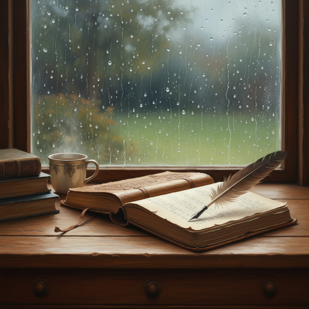A cozy wooden desk with an open leather diary, a vintage pen, and raindrops on the window pane behind it, atmospheric lighting, artistic photography.