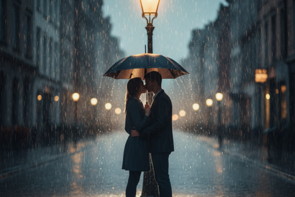 A romantic couple standing under a glowing street