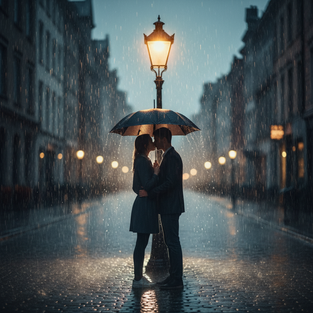 A romantic couple standing under a glowing street