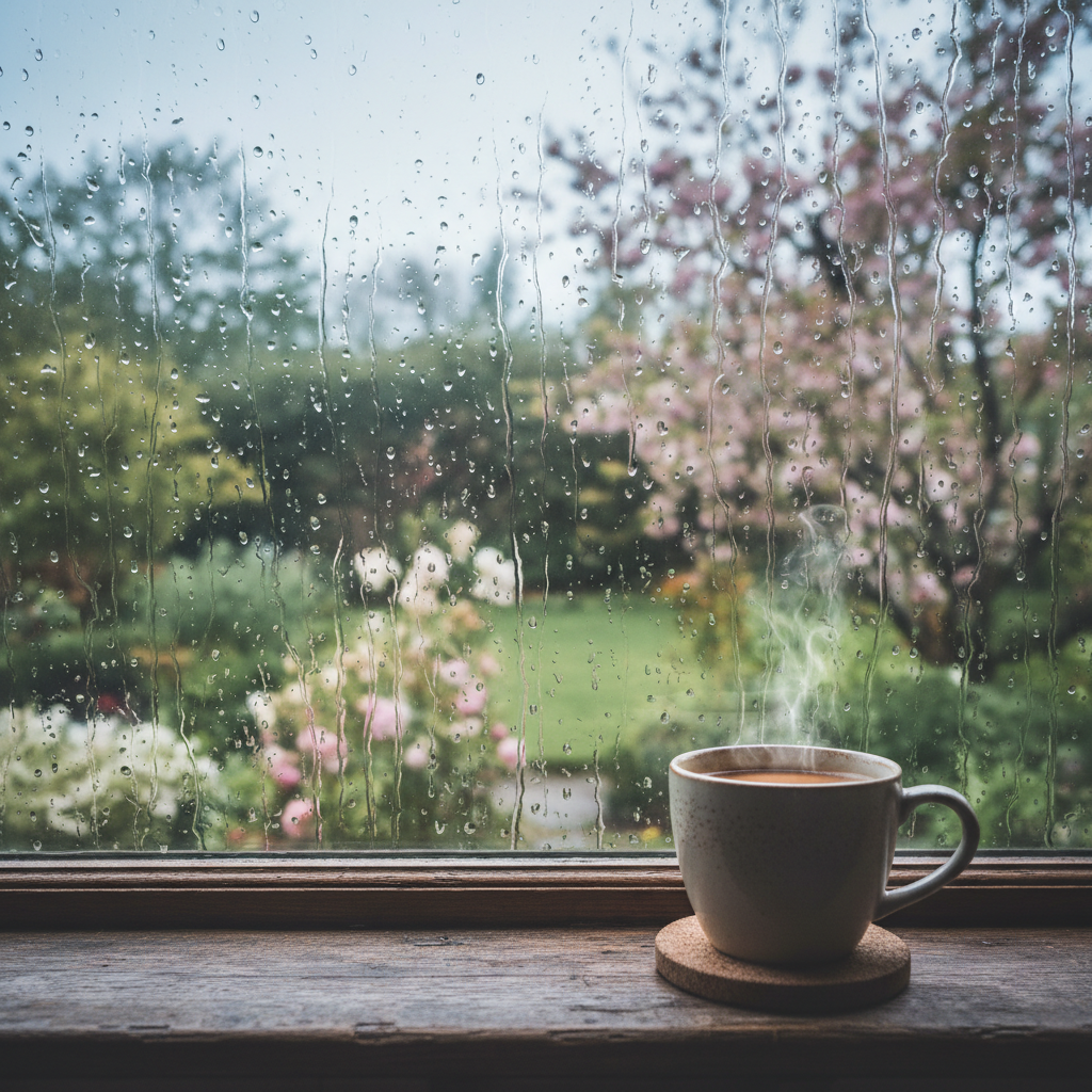 A cozy window view during a rainy day, raindrops sliding down the glass, a warm cup of coffee on the wooden sill, soft focus garden background, aesthetic photography.