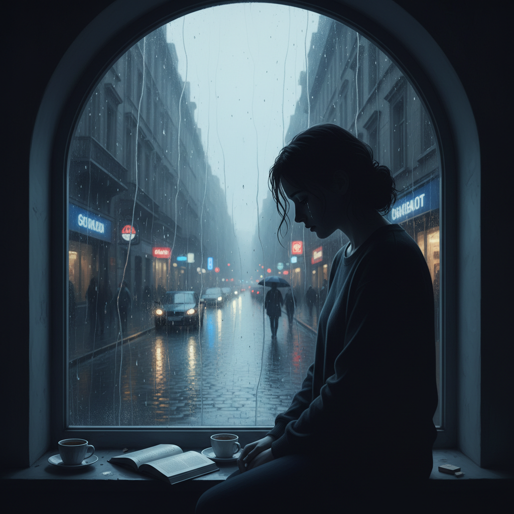 A lonely person looking out of a window at a rainy city street, melancholic expression, soft moody lighting, blue and grey color palette, highly detailed.